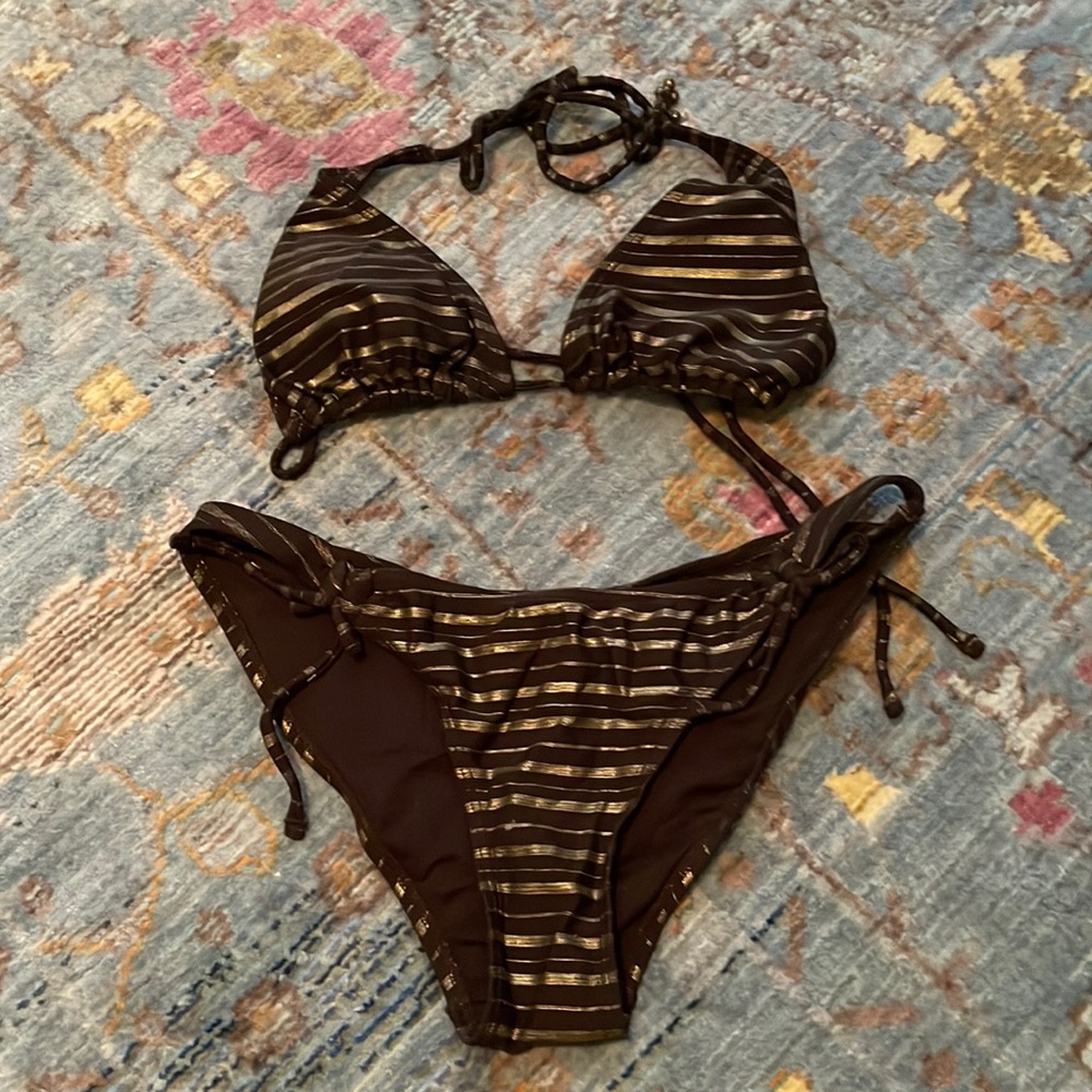 Y2K small, removable pad vintage bikini brown and gold with metal bell accents